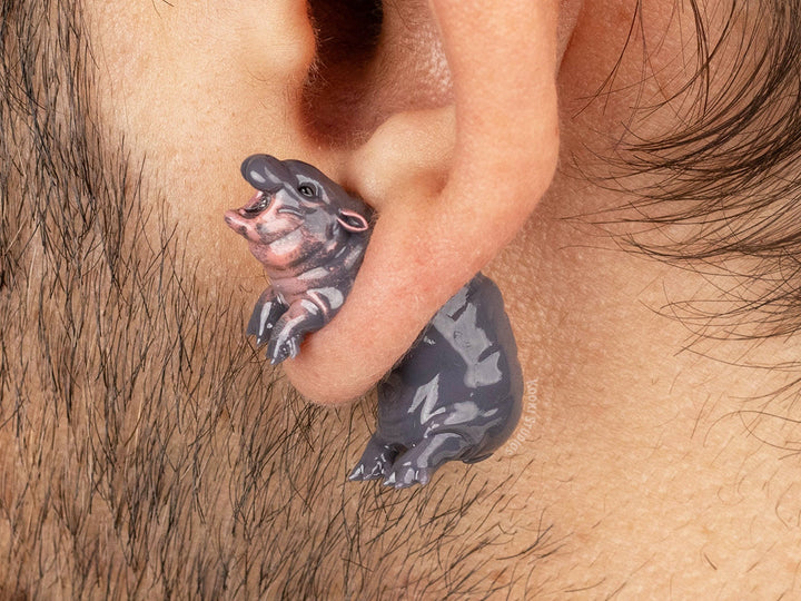 Pygmy Hippo Earrings - Hand Painted, 3D Printed.