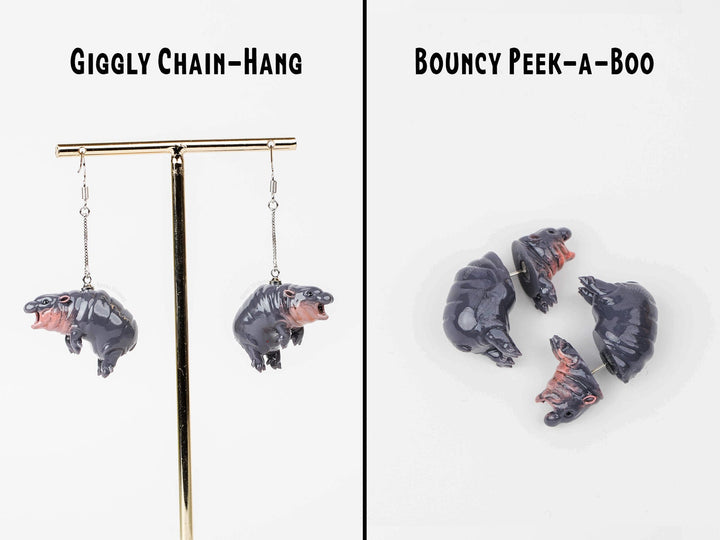 Pygmy Hippo Earrings - Hand Painted, 3D Printed.